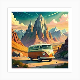 Vintage Camper Van In Mountain Landscape Art Print