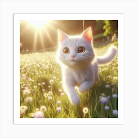 White Cat In A Field 1 Art Print