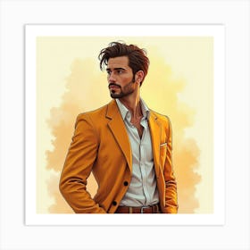 Sophisticated Man In Watercolor Attire, Golden Sunrise 1 Art Print