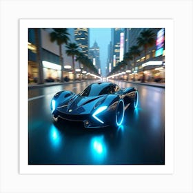 Futuristic Flying Car With Glowing Blue Lights, Zooming Through A Modern City 1 Art Print