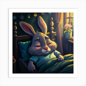 Cartoon Rabbit Sleeping In A Dark Room Cinemati Art Print