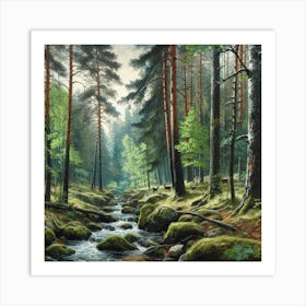 Stream In The Forest, Acrylic Painting Style Art Print