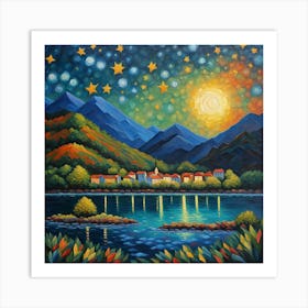Starry Village Serenade: A Celestial Dance Over Mountain Hamlet wall art Art Print