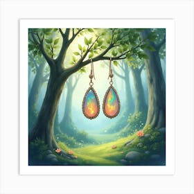 Opal Earrings, Watercolor, Enchanted Forest Scenery 1 Art Print