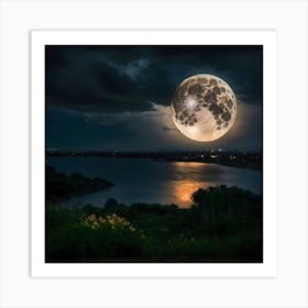 Full Moon Over Lake Art Print