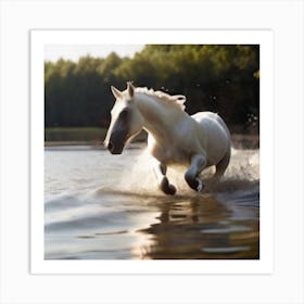 White Horse Running In Water 1 Art Print