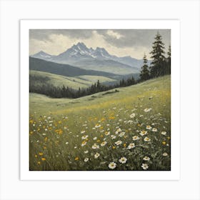 vintage oil painting of wild flowers in a meadow, mountains in the background 11 Art Print