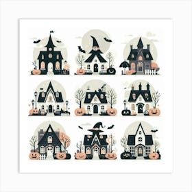 Set of 9 Halloween Houses - Cute Vector style Illustration Art Print