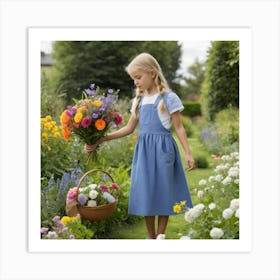 Default Blonde Girl Collecting Flowers From The Garden 0 1 Art Print