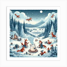 Foxes In The Snow Art Print