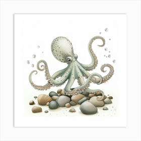 Storybook Style Octopus With Rocks 4 Art Print