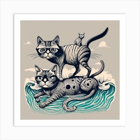 Cats In The Ocean, swimming Art Print