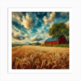 Red Barn In Wheat Field 1 Art Print