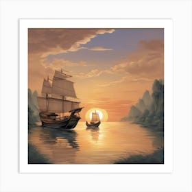 An Intricately Designed And Visually Stunning Illustration Of A Traditional Chinese Junk Boat Sailin (4) Art Print