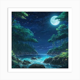 Tranquil Nighttime Seascape With Moonlit Ocean and Lush Forest Under a Starry Sky Art Print