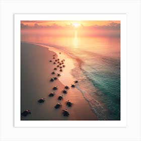 Turtles On The Beach At Sunset Art Print