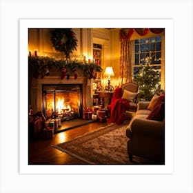 A Cozy Winter Evening By A Roaring Fireplace An Ornately Decorated Christmas Tree Situated In The C (4) Art Print