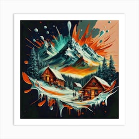 Abstract painting of a mountain village with snow falling 33 Art Print