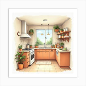 Stylish And Inviting Kitchen Scene In Watercolor, Warm Hues 1 Art Print