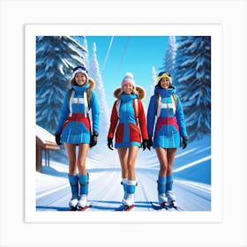 Three Girls On Skis Art Print