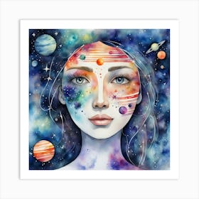 Watercolor Of A Girl With Planets Art Print