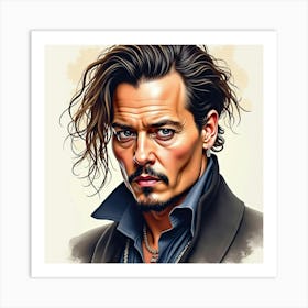 Expressive Watercolor Portrait Of Johnny Depp, With Rich Tones, And Sharp Gaze Art Print