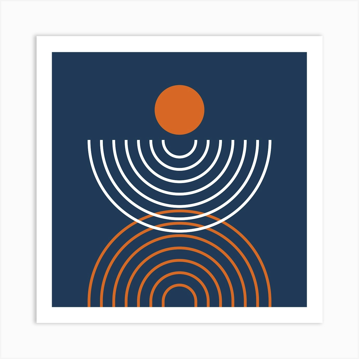 Midcentury Modern Rainbow Arch Sun Abstract A1 In Navy Blue And Burnt Orange 02 Art Print by NineFlorals