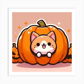 Cat in a Pumpkin cute halloween kawaii anime cartoon Art Print