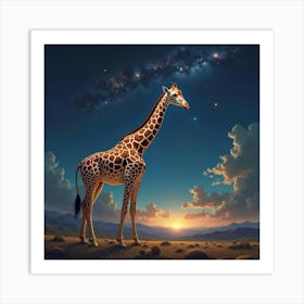 A Giraffe With Galactic Patterns In Its Spots, Reaching Toward The Stars In A Surreal Landscape Art Print