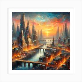 Futuristic City At Sunset Art Print