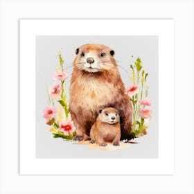 Watercolor Spring Mama And Baby Beavers Art Print