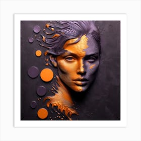 An Abstract Woman's Face in Deep Purple and Orange Colors - Embossed Artwork In Metal Art Print