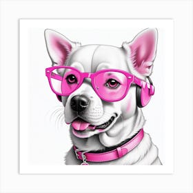 Pink Dog With Headphones Art Print