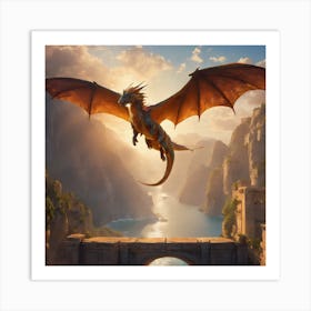 Dragon Flying Over A Bridge Art Print