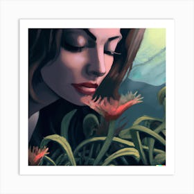 Woman smelling Venus Flytraps 2 Art Print