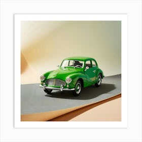 A Vibrant, Bright Green, Miniature Car, No Larger Than A Toy, Sits Atop A Smooth, Grey Asphalt (2) (1) Art Print