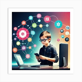 Young Boy Using Social Media Art Print