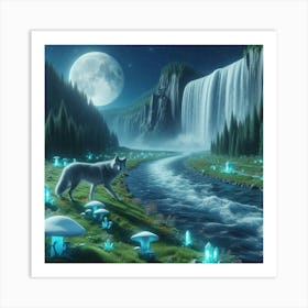 Wolf Next to Waterfall River Art Print