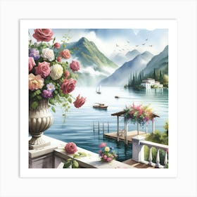 Roses By The Lake Watercolour Art Print