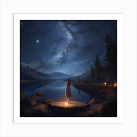 Girl Standing On A Pier In The Night Art Print