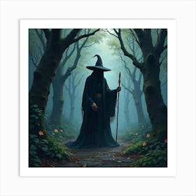 Black Magic Caster In A Dark, Watercolor Forest 1 Art Print