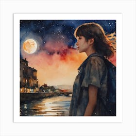 Girl Looking At The Moon Art Print