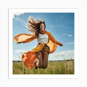 A Youthful Female Exuding Vitality Engaged In Jumping With Unrestrained Joy Sporting Healthy Slim Art Print