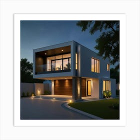 Modern House At Night Art Print