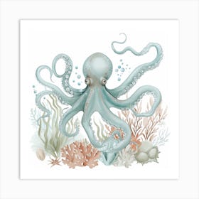Blue Storybook Style With Seaweed & Coral 1 Art Print