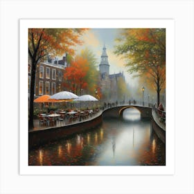 Amsterdam cafes, autumn season, rain, autumn oil colours.Faded colours,People passing on the street, winter clothes, rain umbrellas.3 Art Print