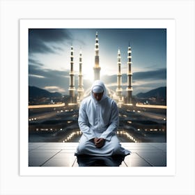 A 3d Dslr Photography Muslim Wearing Futuristic Digital Suit , Praying Towards Makkah Standing Tall Award Winning Photography Art Print