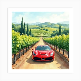 Ferrari In A Watercolor Vineyard With Grapevines And Rolling Hills 1 1 Art Print