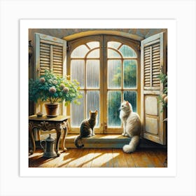 Cats By The Window Art Print