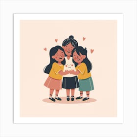 Three Girls Hugging A Cat Art Print